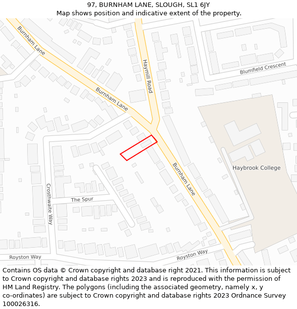 97, BURNHAM LANE, SLOUGH, SL1 6JY: Location map and indicative extent of plot