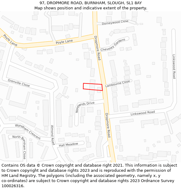 97, DROPMORE ROAD, BURNHAM, SLOUGH, SL1 8AY: Location map and indicative extent of plot