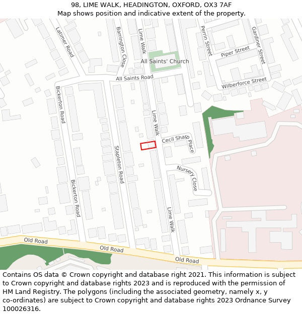 98, LIME WALK, HEADINGTON, OXFORD, OX3 7AF: Location map and indicative extent of plot