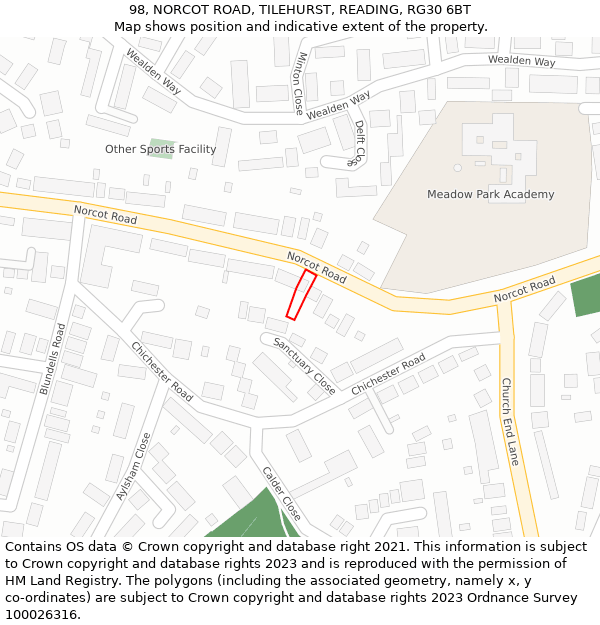 98, NORCOT ROAD, TILEHURST, READING, RG30 6BT: Location map and indicative extent of plot