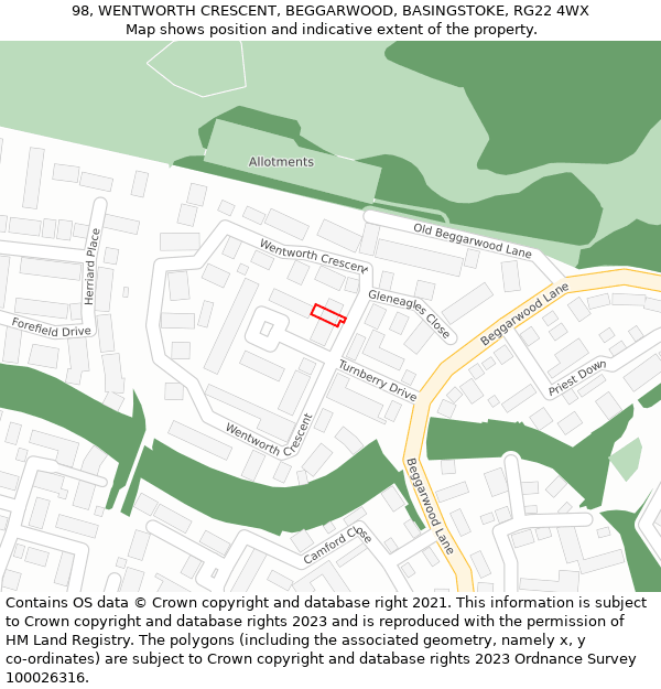 98, WENTWORTH CRESCENT, BEGGARWOOD, BASINGSTOKE, RG22 4WX: Location map and indicative extent of plot