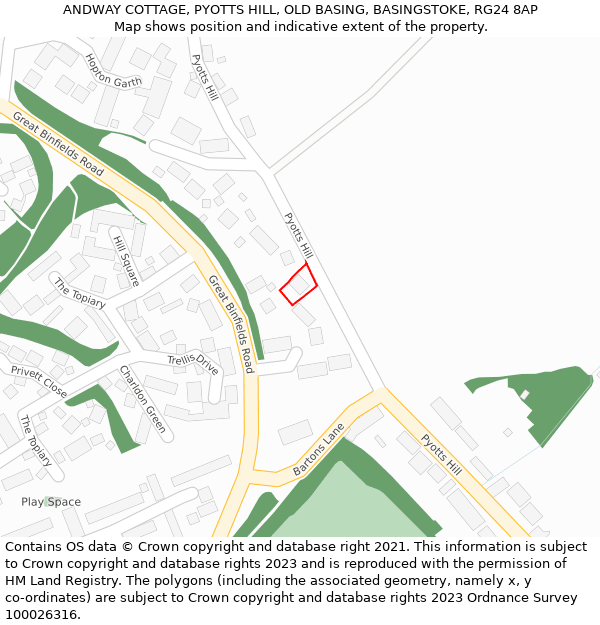 ANDWAY COTTAGE, PYOTTS HILL, OLD BASING, BASINGSTOKE, RG24 8AP: Location map and indicative extent of plot
