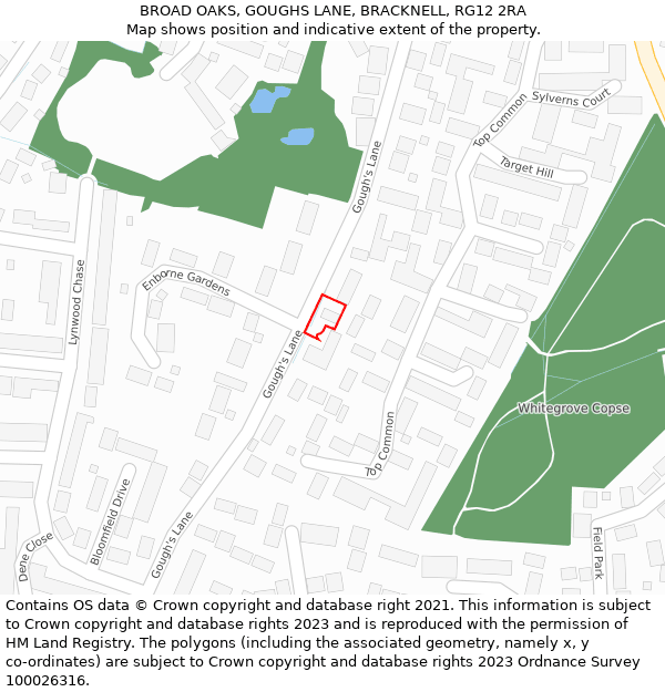 BROAD OAKS, GOUGHS LANE, BRACKNELL, RG12 2RA: Location map and indicative extent of plot