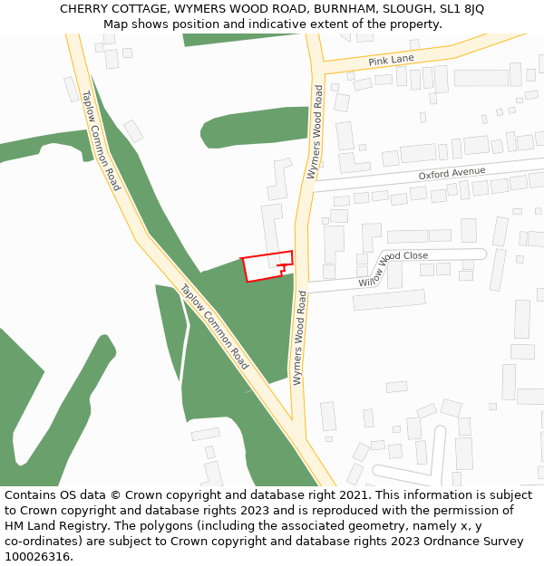 CHERRY COTTAGE, WYMERS WOOD ROAD, BURNHAM, SLOUGH, SL1 8JQ: Location map and indicative extent of plot