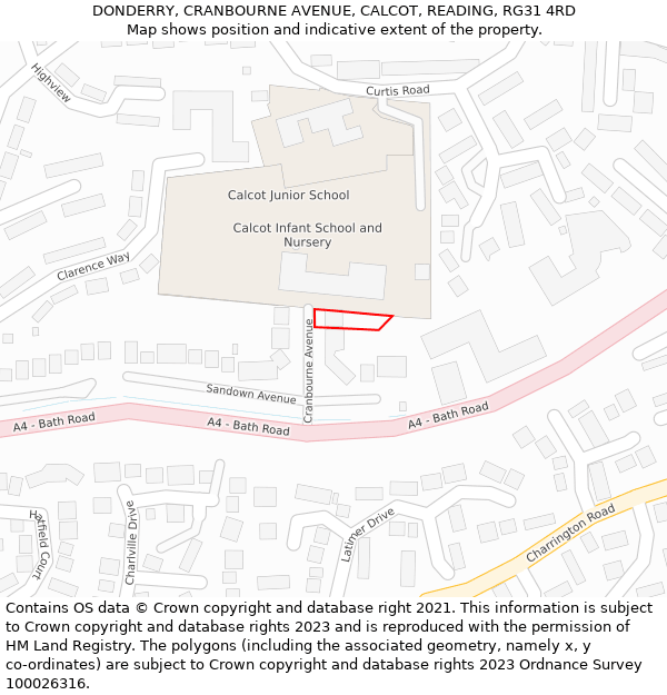DONDERRY, CRANBOURNE AVENUE, CALCOT, READING, RG31 4RD: Location map and indicative extent of plot