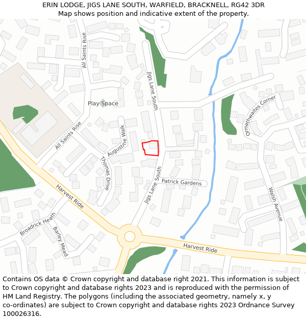 ERIN LODGE, JIGS LANE SOUTH, WARFIELD, BRACKNELL, RG42 3DR: Location map and indicative extent of plot