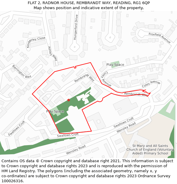 FLAT 2, RADNOR HOUSE, REMBRANDT WAY, READING, RG1 6QP: Location map and indicative extent of plot