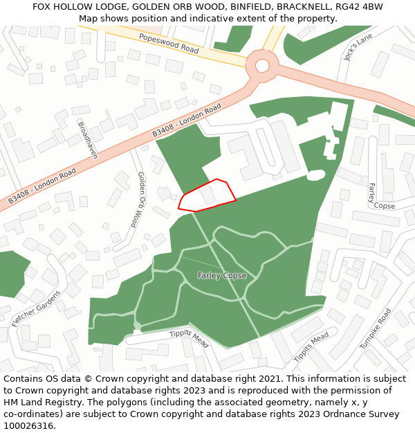 FOX HOLLOW LODGE, GOLDEN ORB WOOD, BINFIELD, BRACKNELL, RG42 4BW: Location map and indicative extent of plot