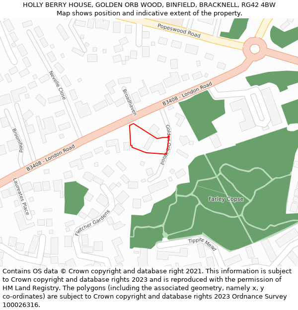 HOLLY BERRY HOUSE, GOLDEN ORB WOOD, BINFIELD, BRACKNELL, RG42 4BW: Location map and indicative extent of plot