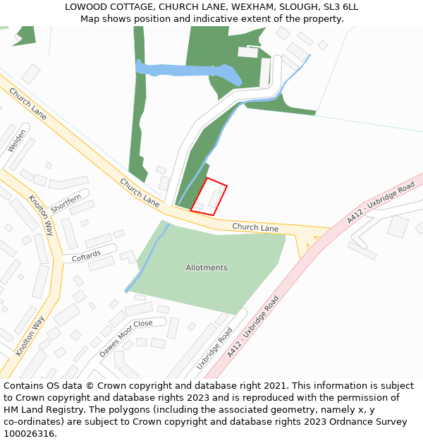 LOWOOD COTTAGE, CHURCH LANE, WEXHAM, SLOUGH, SL3 6LL: Location map and indicative extent of plot