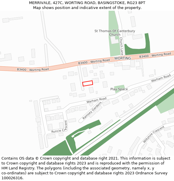 MERRIVALE, 427C, WORTING ROAD, BASINGSTOKE, RG23 8PT: Location map and indicative extent of plot