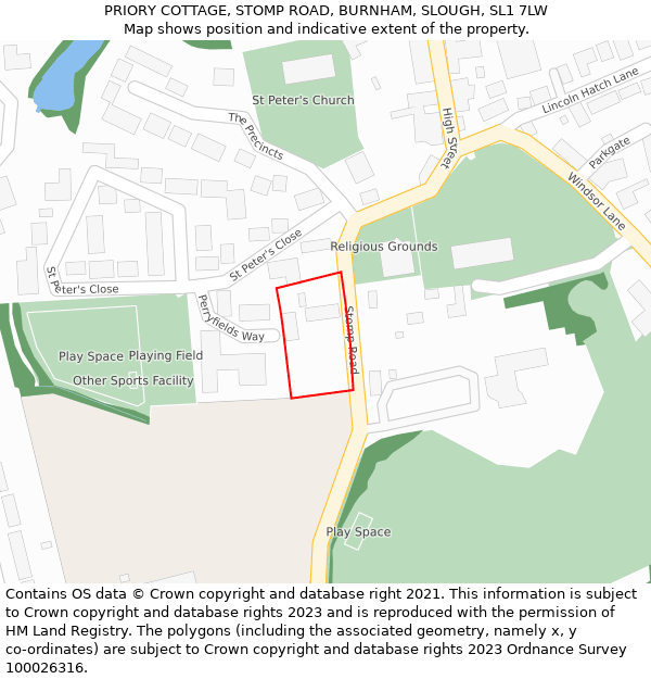 PRIORY COTTAGE, STOMP ROAD, BURNHAM, SLOUGH, SL1 7LW: Location map and indicative extent of plot