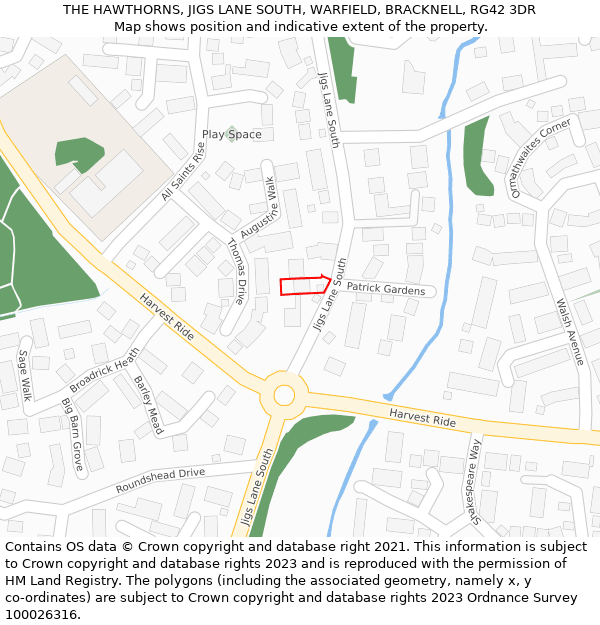 THE HAWTHORNS, JIGS LANE SOUTH, WARFIELD, BRACKNELL, RG42 3DR: Location map and indicative extent of plot