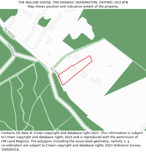 THE WILLOW HOUSE, THE RIDINGS, HEADINGTON, OXFORD, OX3 8TB: Location map and indicative extent of plot