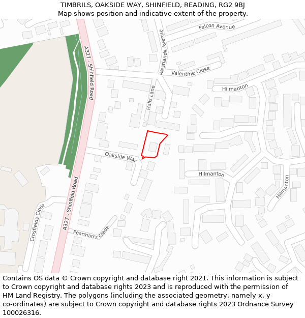 TIMBRILS, OAKSIDE WAY, SHINFIELD, READING, RG2 9BJ: Location map and indicative extent of plot
