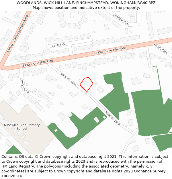 WOODLANDS, WICK HILL LANE, FINCHAMPSTEAD, WOKINGHAM, RG40 3PZ: Location map and indicative extent of plot