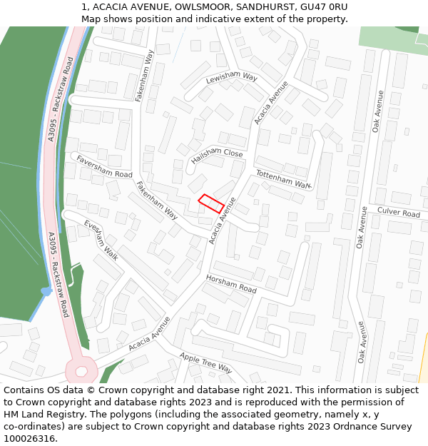 1, ACACIA AVENUE, OWLSMOOR, SANDHURST, GU47 0RU: Location map and indicative extent of plot