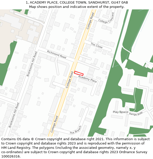 1, ACADEMY PLACE, COLLEGE TOWN, SANDHURST, GU47 0AB: Location map and indicative extent of plot