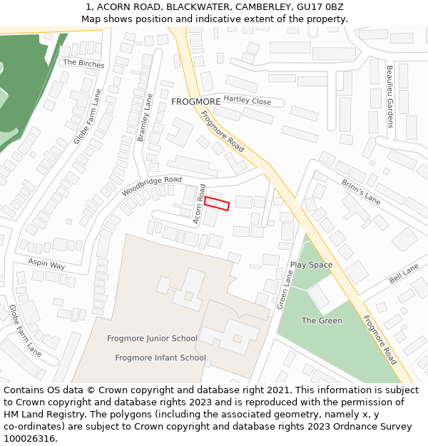 1, ACORN ROAD, BLACKWATER, CAMBERLEY, GU17 0BZ: Location map and indicative extent of plot