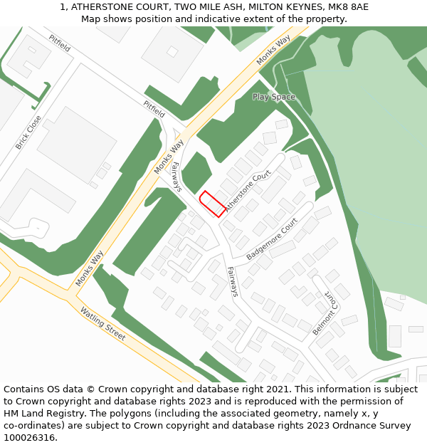 1, ATHERSTONE COURT, TWO MILE ASH, MILTON KEYNES, MK8 8AE: Location map and indicative extent of plot