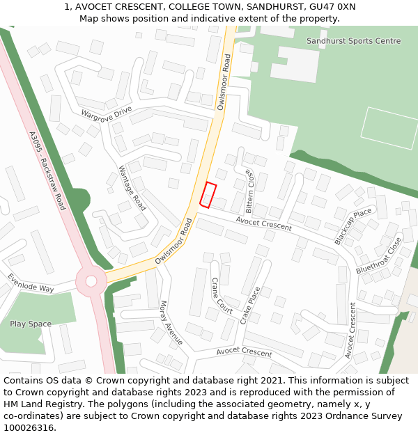 1, AVOCET CRESCENT, COLLEGE TOWN, SANDHURST, GU47 0XN: Location map and indicative extent of plot