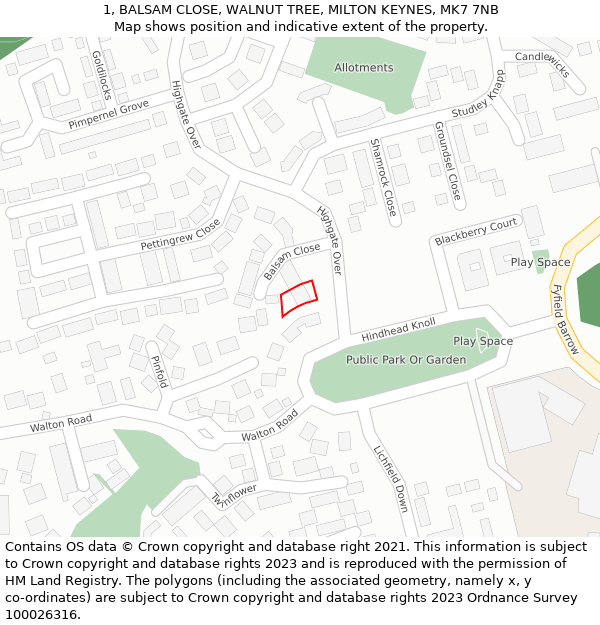 1, BALSAM CLOSE, WALNUT TREE, MILTON KEYNES, MK7 7NB: Location map and indicative extent of plot