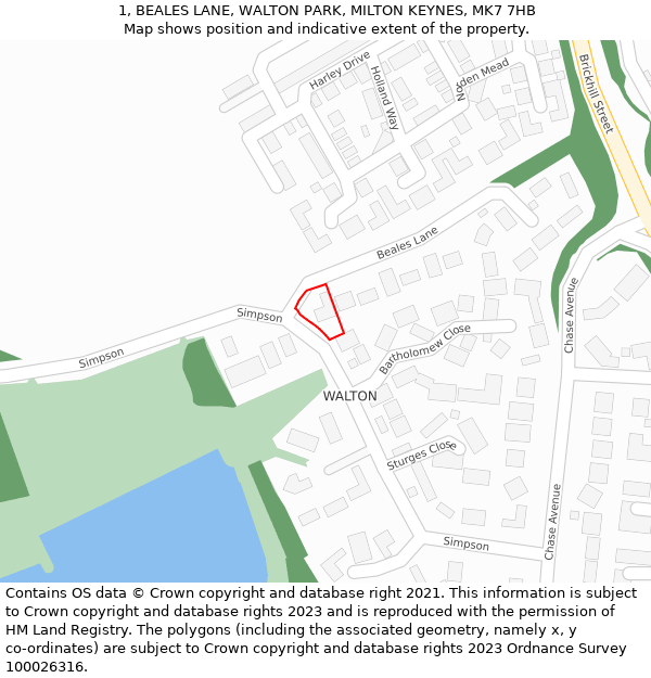 1, BEALES LANE, WALTON PARK, MILTON KEYNES, MK7 7HB: Location map and indicative extent of plot