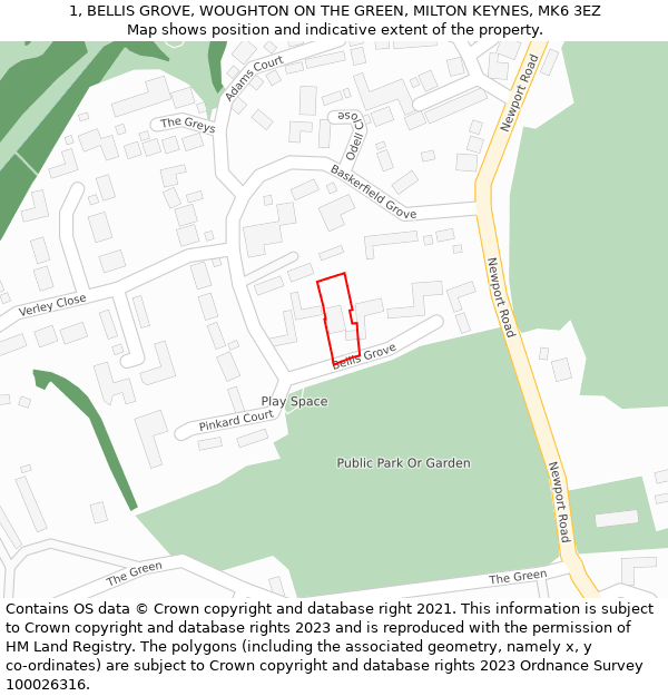 1, BELLIS GROVE, WOUGHTON ON THE GREEN, MILTON KEYNES, MK6 3EZ: Location map and indicative extent of plot