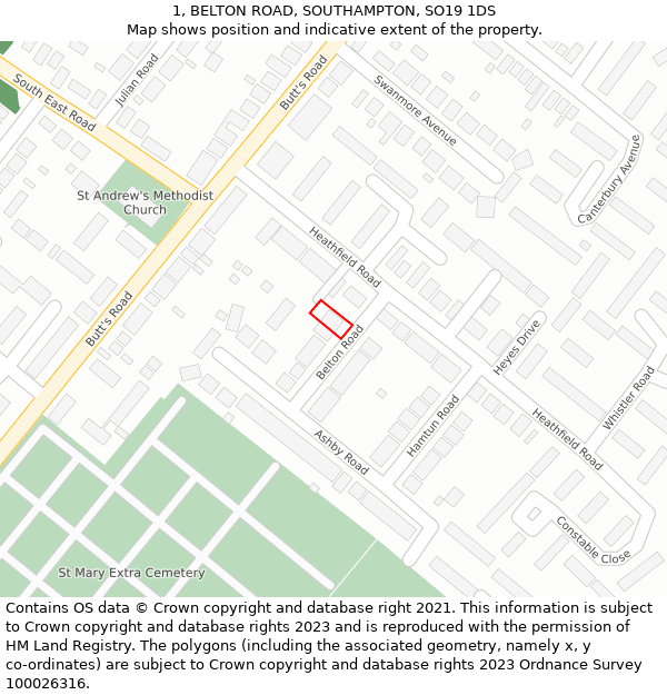 1, BELTON ROAD, SOUTHAMPTON, SO19 1DS: Location map and indicative extent of plot