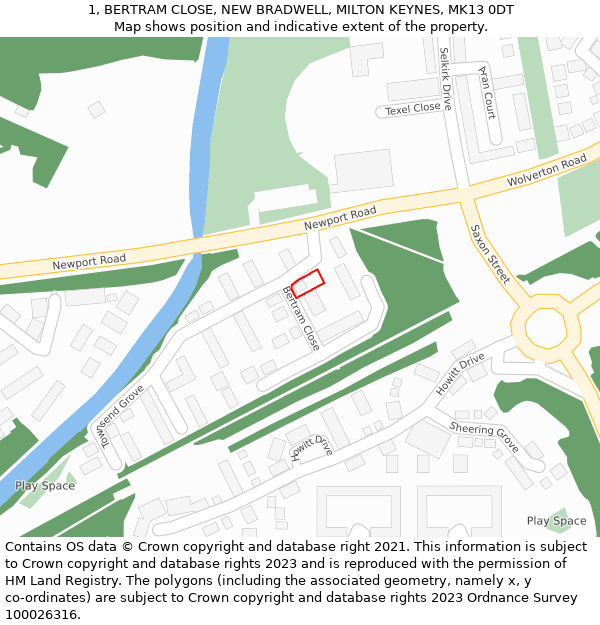 1, BERTRAM CLOSE, NEW BRADWELL, MILTON KEYNES, MK13 0DT: Location map and indicative extent of plot