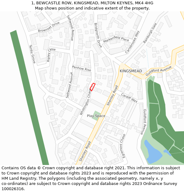 1, BEWCASTLE ROW, KINGSMEAD, MILTON KEYNES, MK4 4HG: Location map and indicative extent of plot