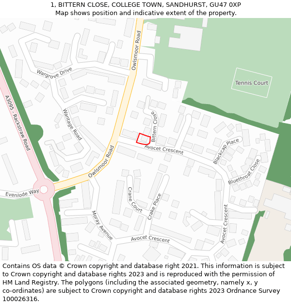 1, BITTERN CLOSE, COLLEGE TOWN, SANDHURST, GU47 0XP: Location map and indicative extent of plot