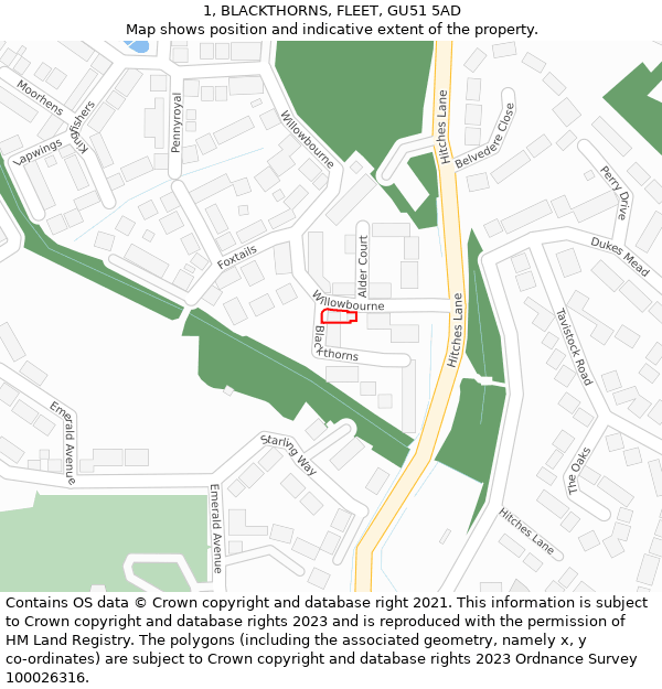 1, BLACKTHORNS, FLEET, GU51 5AD: Location map and indicative extent of plot