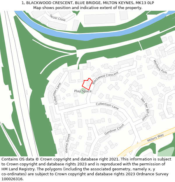 1, BLACKWOOD CRESCENT, BLUE BRIDGE, MILTON KEYNES, MK13 0LP: Location map and indicative extent of plot