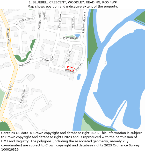 1, BLUEBELL CRESCENT, WOODLEY, READING, RG5 4WP: Location map and indicative extent of plot