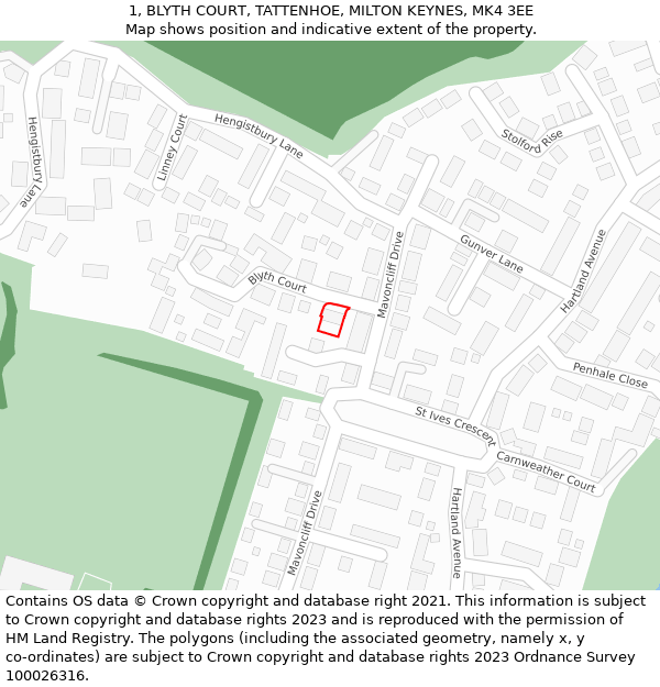 1, BLYTH COURT, TATTENHOE, MILTON KEYNES, MK4 3EE: Location map and indicative extent of plot