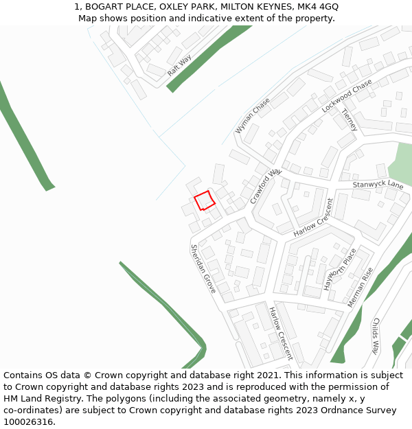 1, BOGART PLACE, OXLEY PARK, MILTON KEYNES, MK4 4GQ: Location map and indicative extent of plot
