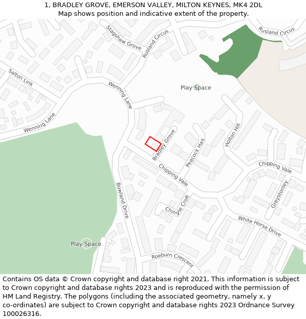 1, BRADLEY GROVE, EMERSON VALLEY, MILTON KEYNES, MK4 2DL: Location map and indicative extent of plot