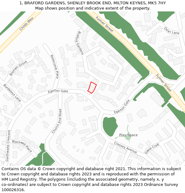 1, BRAFORD GARDENS, SHENLEY BROOK END, MILTON KEYNES, MK5 7HY: Location map and indicative extent of plot