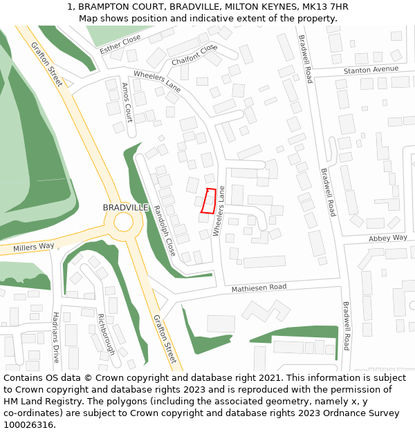 1, BRAMPTON COURT, BRADVILLE, MILTON KEYNES, MK13 7HR: Location map and indicative extent of plot