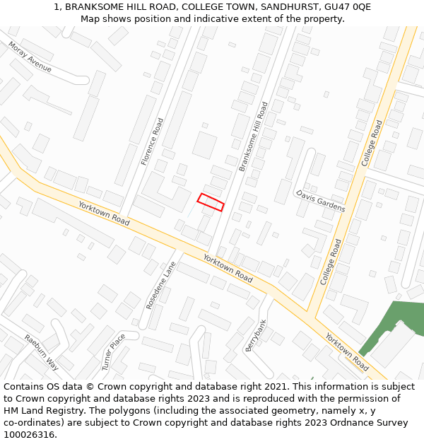 1, BRANKSOME HILL ROAD, COLLEGE TOWN, SANDHURST, GU47 0QE: Location map and indicative extent of plot