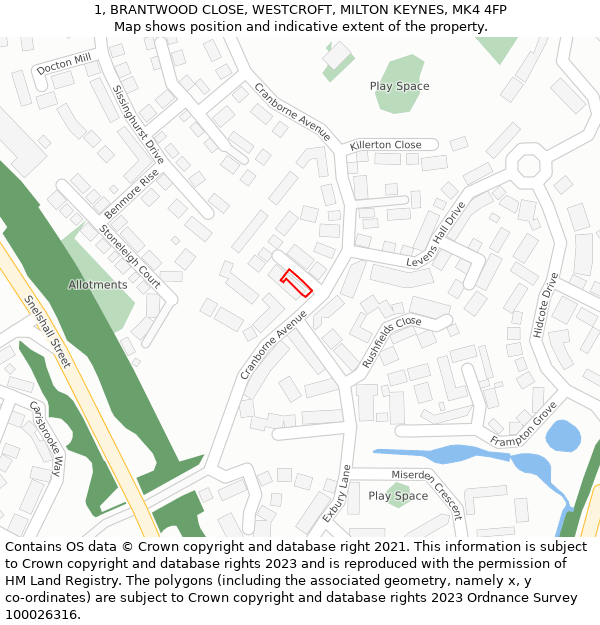 1, BRANTWOOD CLOSE, WESTCROFT, MILTON KEYNES, MK4 4FP: Location map and indicative extent of plot