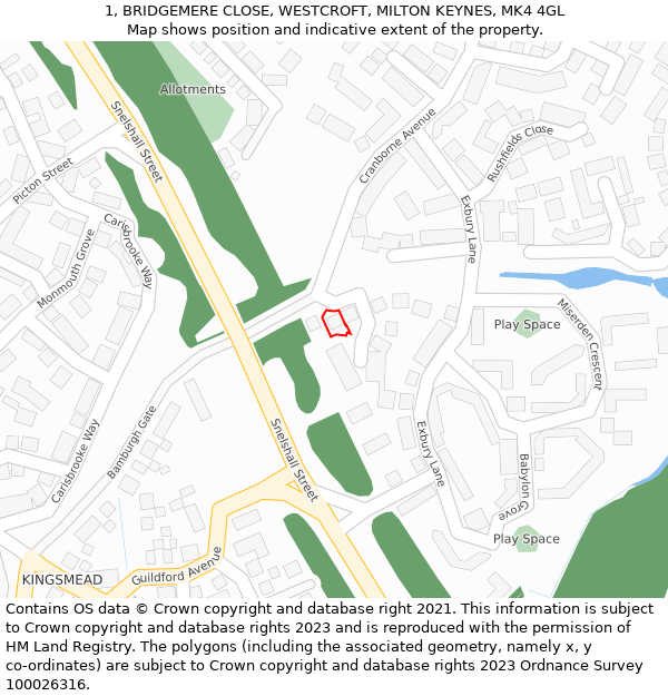 1, BRIDGEMERE CLOSE, WESTCROFT, MILTON KEYNES, MK4 4GL: Location map and indicative extent of plot