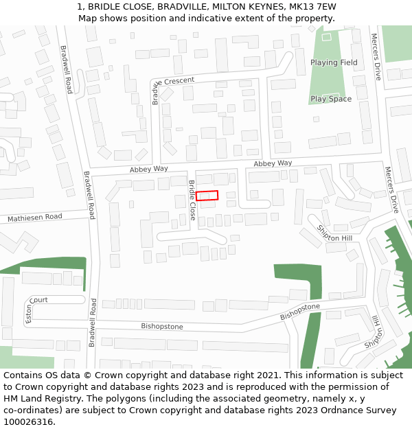 1, BRIDLE CLOSE, BRADVILLE, MILTON KEYNES, MK13 7EW: Location map and indicative extent of plot