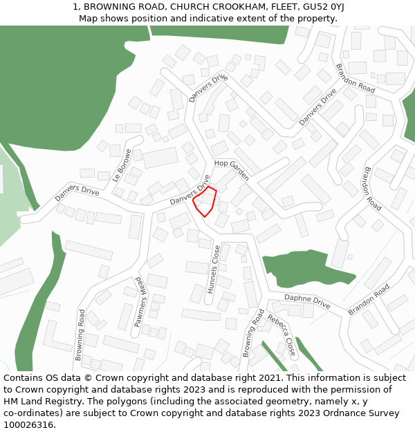 1, BROWNING ROAD, CHURCH CROOKHAM, FLEET, GU52 0YJ: Location map and indicative extent of plot