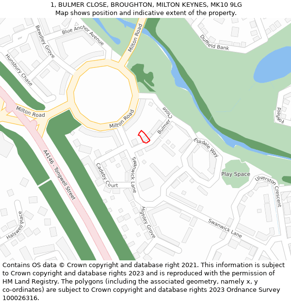 1, BULMER CLOSE, BROUGHTON, MILTON KEYNES, MK10 9LG: Location map and indicative extent of plot