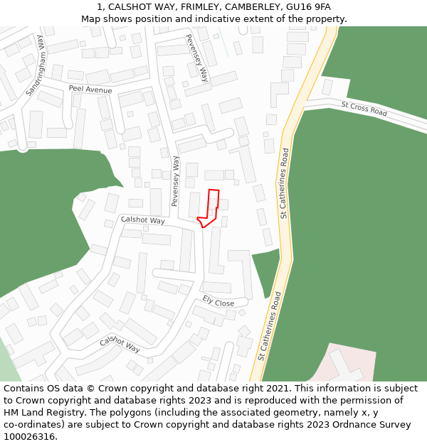 1, CALSHOT WAY, FRIMLEY, CAMBERLEY, GU16 9FA: Location map and indicative extent of plot