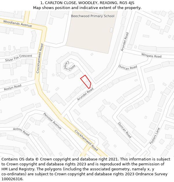 1, CARLTON CLOSE, WOODLEY, READING, RG5 4JS: Location map and indicative extent of plot