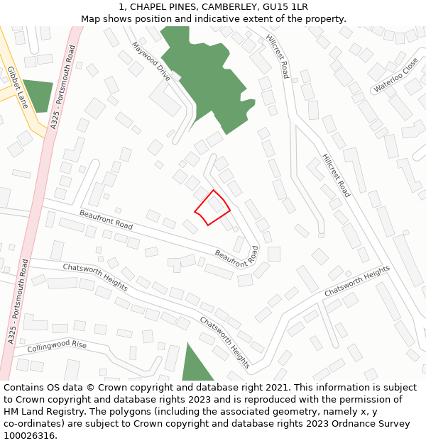 1, CHAPEL PINES, CAMBERLEY, GU15 1LR: Location map and indicative extent of plot