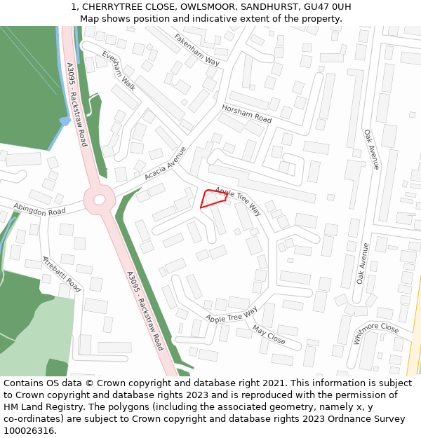 1, CHERRYTREE CLOSE, OWLSMOOR, SANDHURST, GU47 0UH: Location map and indicative extent of plot